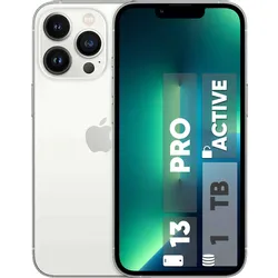 Silver iPhone 13 Pro with triple cameras and 1TB storage label on screen.