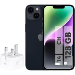 iPhone 13 black with charger and 128GB storage shown on screen