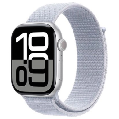 Apple Watch with light gray fabric band and bold numeric display