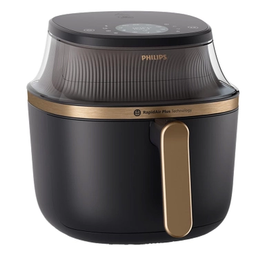 Black and gold Philips deep air fryer with digital display.