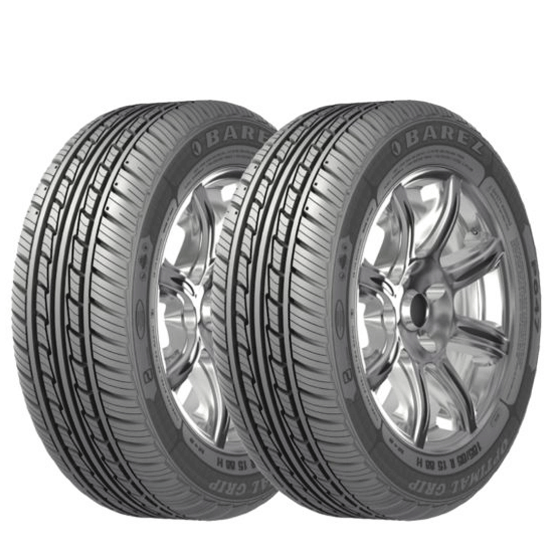 Pair of new Barezz Optimal Grip car tires mounted on shiny alloy wheels.