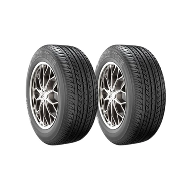 Pair of Barezz Premium tires on alloy wheels with a smooth highway tread.