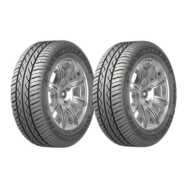 A pair of Barezz Premium Drive car tires mounted on shiny silver wheels.