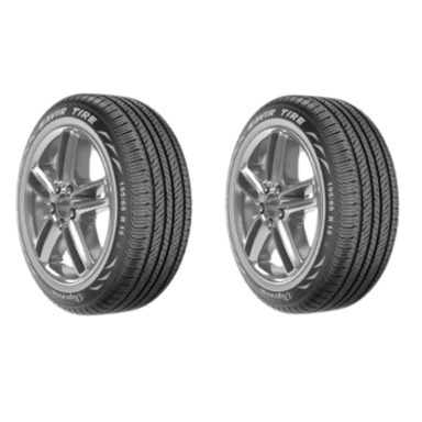 Two Kavir Tire Tondar KB-11 tires mounted on shiny silver wheels.