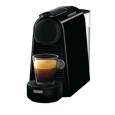 DeLonghi Nespresso Essenza Mini single-serve espresso machine in black with a glass of espresso on the drip tray.