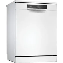White freestanding dishwasher with a black digital control panel