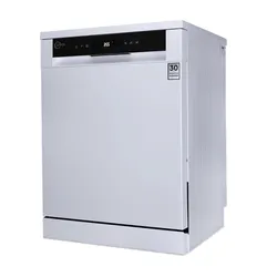 White freestanding dishwasher with a black digital control panel and energy label