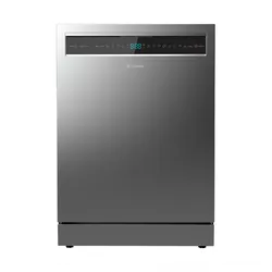 Stainless steel dishwasher with a wide black digital control panel