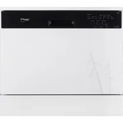 Compact white tabletop dishwasher with a black control panel