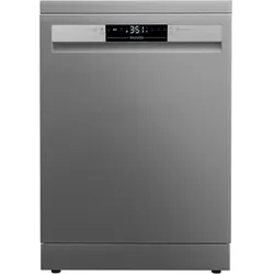 Gray stainless steel dishwasher with a central digital control panel