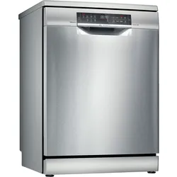 Stainless steel freestanding dishwasher with a black digital control panel
