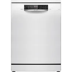 White freestanding dishwasher with a black digital control panel