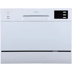 White compact countertop dishwasher with a small black digital control panel