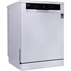White freestanding dishwasher with a black digital control panel and energy label