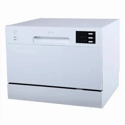 White compact countertop dishwasher with a small black digital control panel