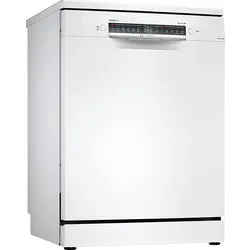White freestanding dishwasher with a wide black digital control panel