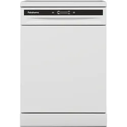 White freestanding dishwasher with a slim black digital control panel