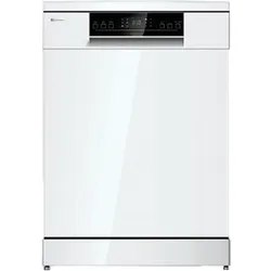 White freestanding dishwasher with a wide black digital control panel