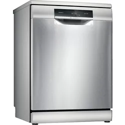 Silver stainless steel freestanding dishwasher with a black digital control panel