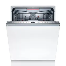 Built-in dishwasher with a white front panel and visible interior racks