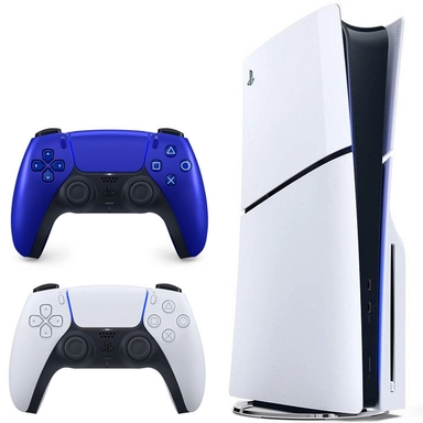 PlayStation 5 with two DualSense controllers and charging dock.