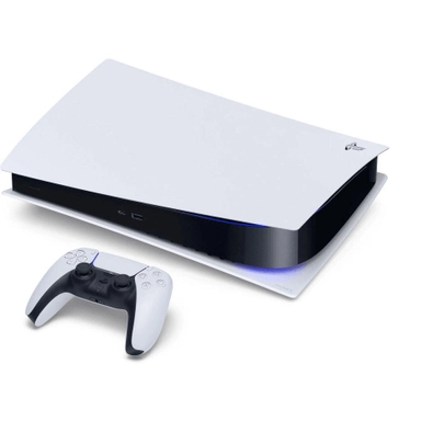PlayStation 5 with two DualSense controllers and charging dock.