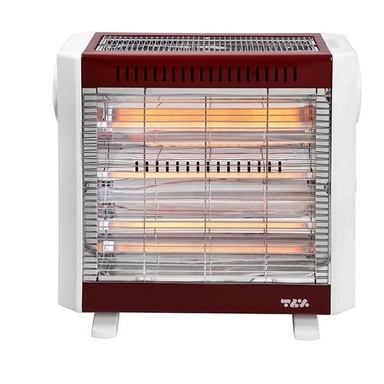 White and red electric heater with visible glowing heating elements