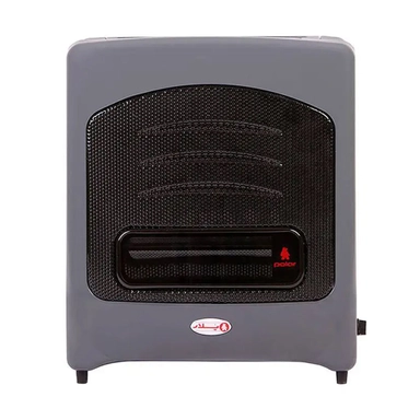 Gray gas heater with black front panel and control knob