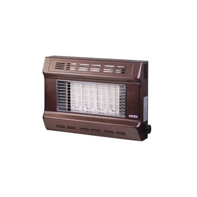 Brown wall-mounted gas heater with front grill and control knob