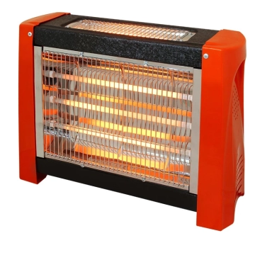 Electric heater with orange and black body and glowing heating elements