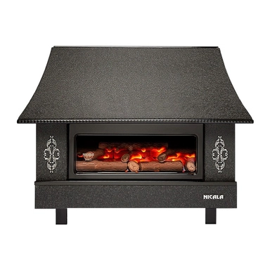 Black decorative electric fireplace heater with glowing log design