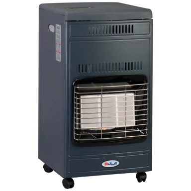 Portable blue gas heater with front grill and wheels
