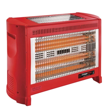 Red electric heater with visible heating elements and protective front grill