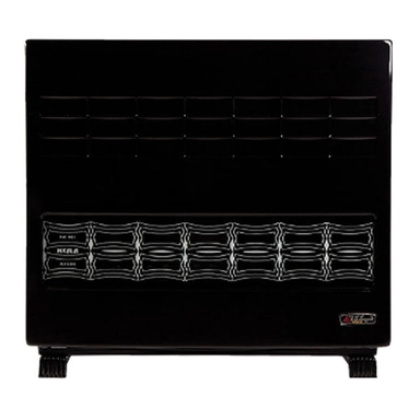 Black gas heater with patterned front panel and metal legs