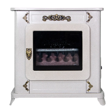 White decorative gas heater with glass front and ornate golden accents