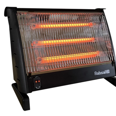 Black electric heater with three glowing heating elements and front grill