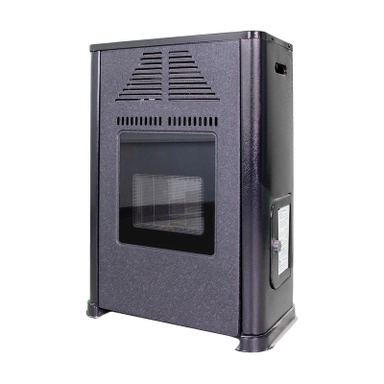 Black gas heater with front glass panel and side control knob