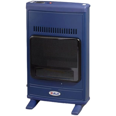 Blue gas heater with black front panel and standing base
