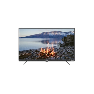 The TV screen shows a fire on the beach by the lake.