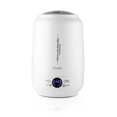 EmsiG white humidifier with digital display and minimalist cylindrical design