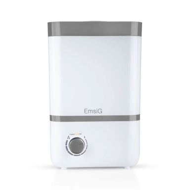 EmsiG white rectangular humidifier with adjustable control dial and grey accents
