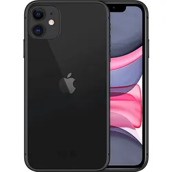 Black iPhone 11 with dual camera and colorful front display.