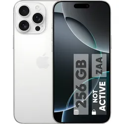 iPhone 15 Pro white with triple camera and 256GB storage displayed on screen.