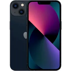 Midnight blue iPhone 13 with dual rear cameras and vibrant display.