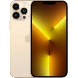 iPhone 13 Pro in gold color with triple rear camera and front display on.