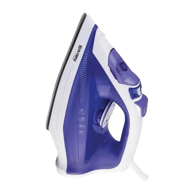Blue and white steam iron standing upright with ergonomic handle