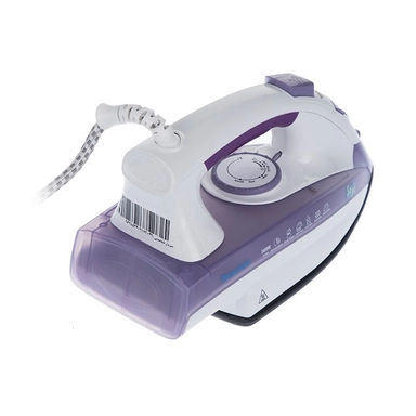 Purple and white steam iron with adjustable temperature dial