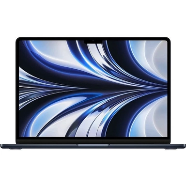 Apple MacBook Air with blue abstract wallpaper, front view.