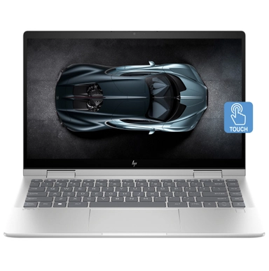 HP touchscreen laptop with car wallpaper, front view.