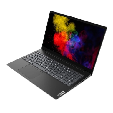 Lenovo laptop with black keyboard and colorful splash screen.